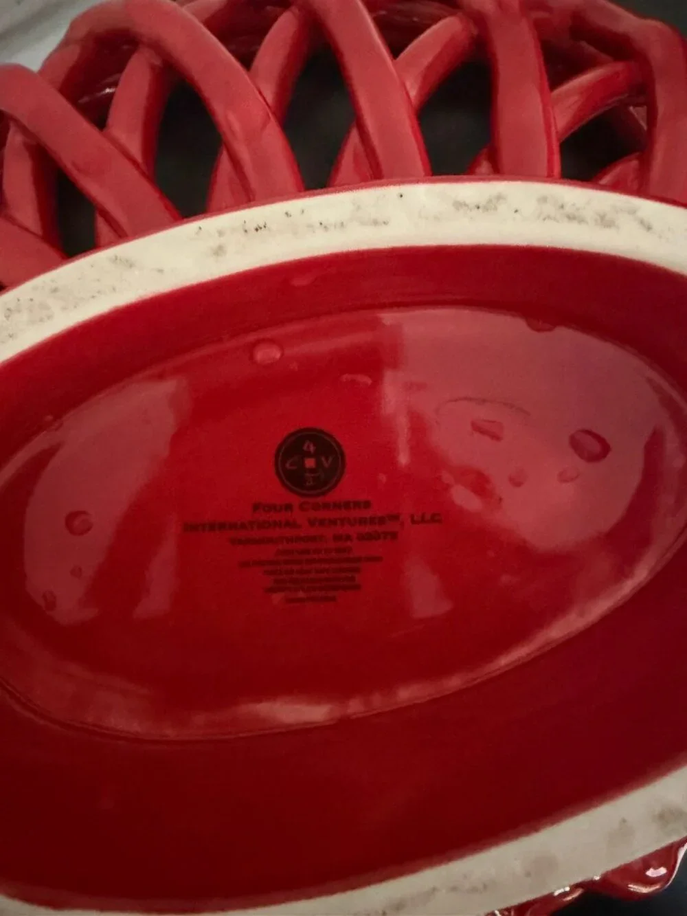 Vintage Four Corners Red Ceramic Open Lattice Fruit Basket Bowl 10